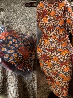 Bold Abstract Print Bodycon Midi Dress in Gray and Orange